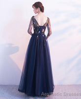 Dark Blue Tulle Lace Long Prom Dress Blue Evening Dress